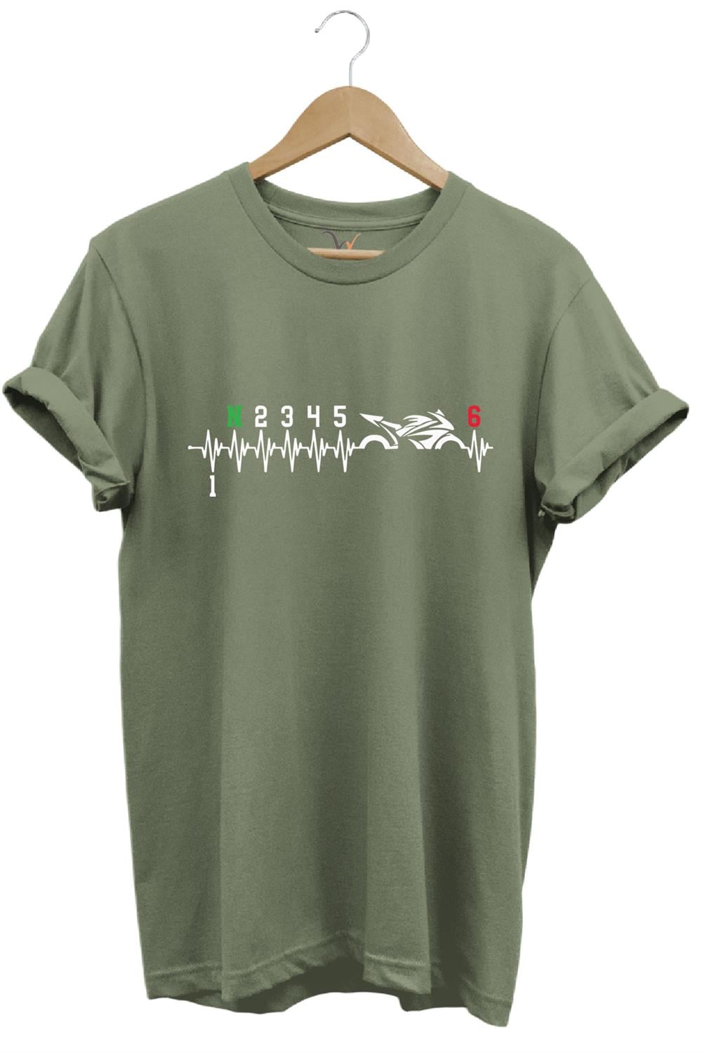 Motorcu Motorsiklet Kalp Ritmi Baskılı 1N23456 Regular Fit %100 Pamuk T-Shirt - Haki