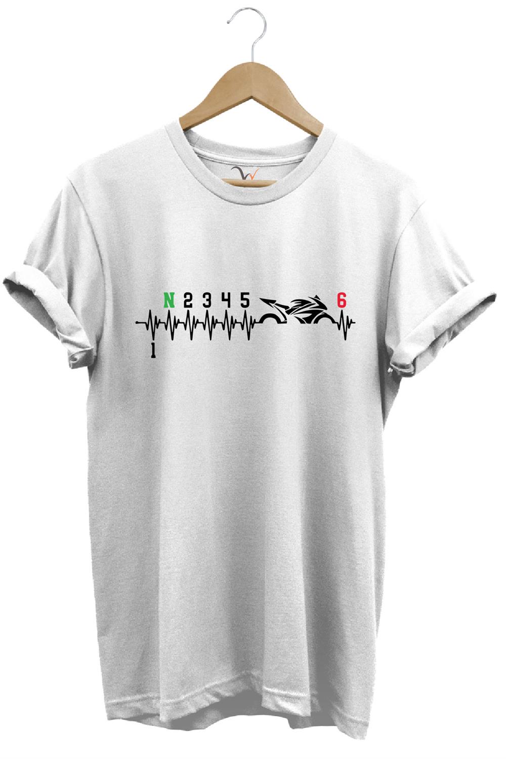 Motorcu Motorsiklet Kalp Ritmi Baskılı 1N23456 Regular Fit %100 Pamuk T-Shirt - Beyaz