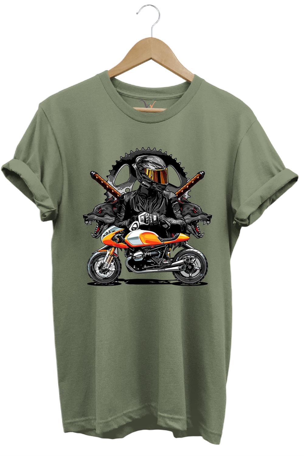 Motorsiklet Haki T-Shirt Katana Motor Kurt Ve Motorcu Baskılı Regular Fit %100 Pamuk T-Shirt - Haki