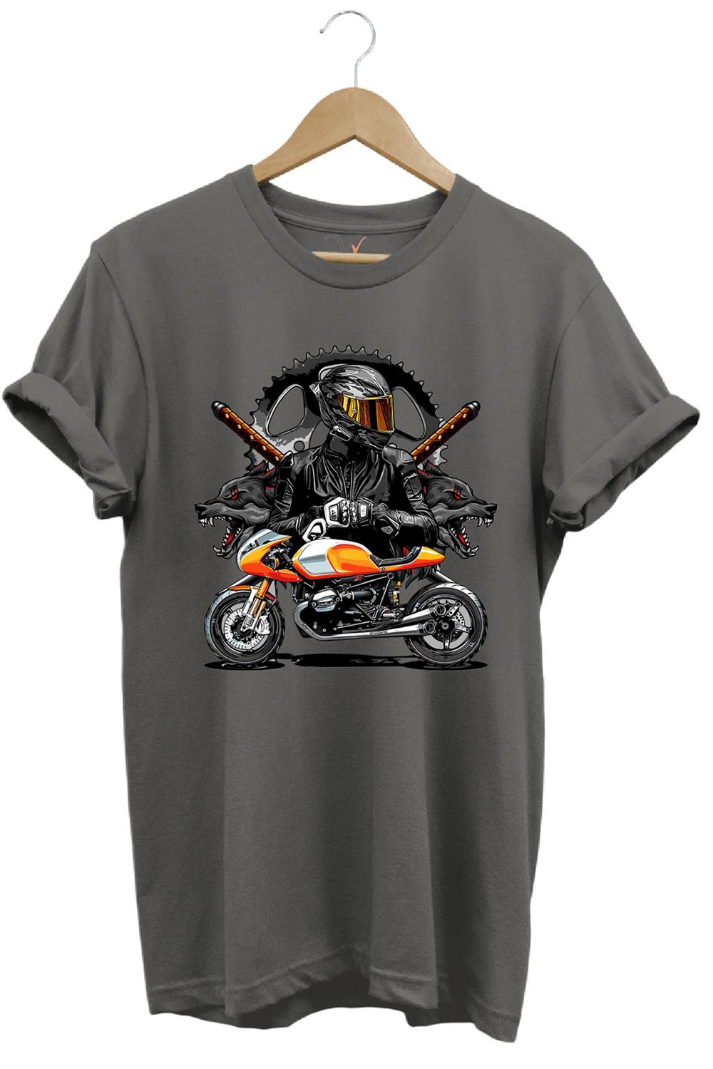 Motorsiklet Haki T-Shirt Katana Motor Kurt Ve Motorcu Baskılı Regular Fit %100 Pamuk T-Shirt - Antrasit