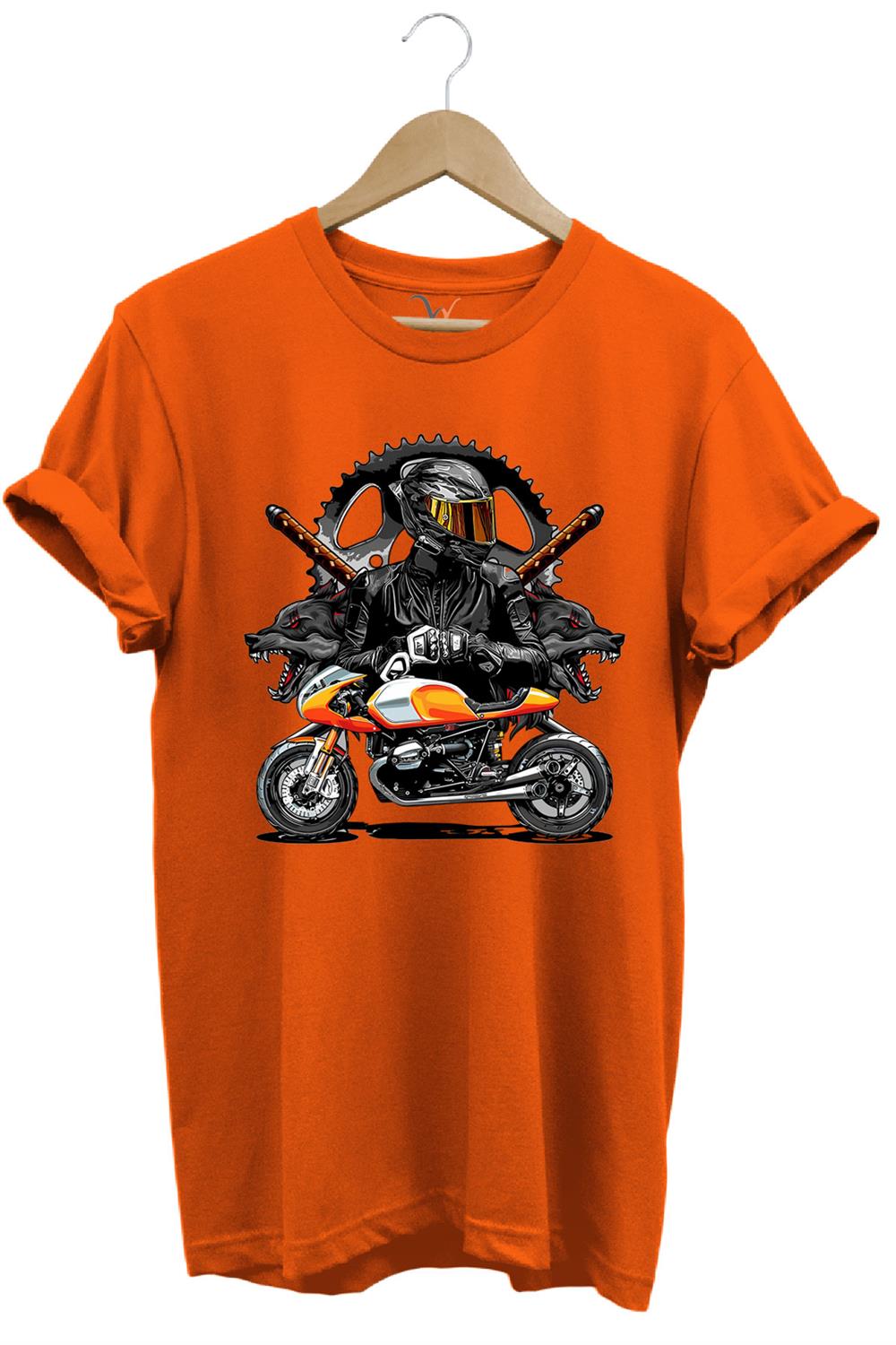 Motorsiklet Haki T-Shirt Katana Motor Kurt Ve Motorcu Baskılı Regular Fit %100 Pamuk T-Shirt - Turuncu