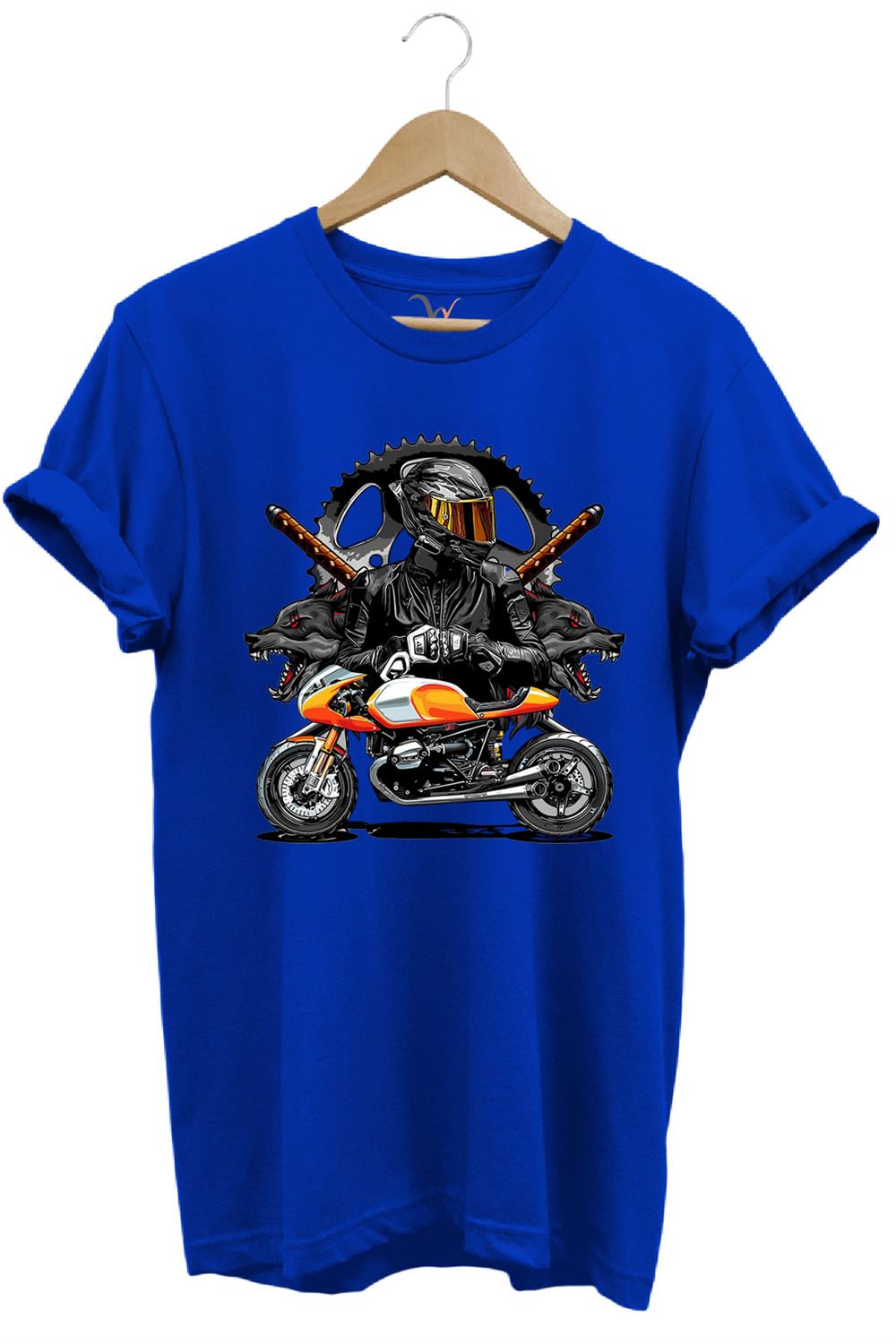 Motorsiklet Haki T-Shirt Katana Motor Kurt Ve Motorcu Baskılı Regular Fit %100 Pamuk T-Shirt - Mavi