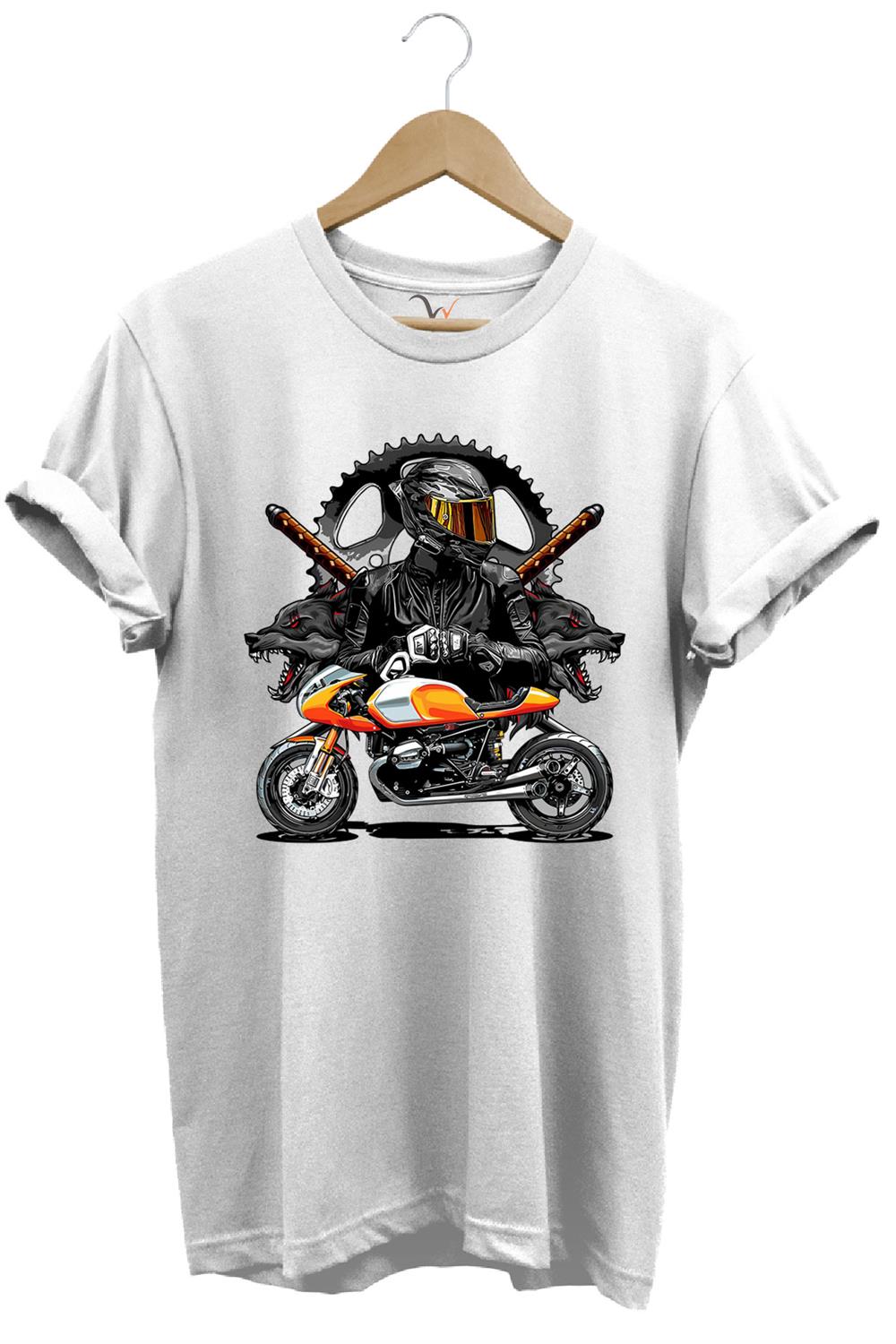 Motorsiklet Haki T-Shirt Katana Motor Kurt Ve Motorcu Baskılı Regular Fit %100 Pamuk T-Shirt - Beyaz
