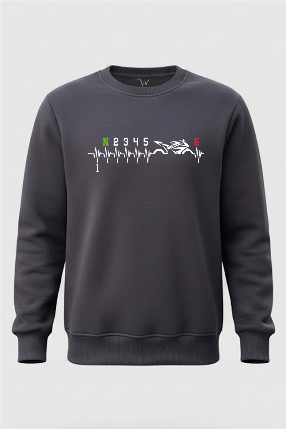 Motorsiklet Kalp Ritmi Baskılı 1N23456 Tasarım Baskılı 3 İp Şardonlu %100 Pamuk Sweatshirt - Füme