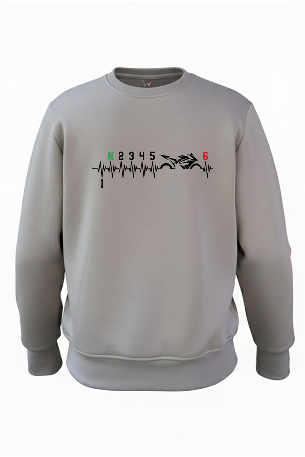 Motorsiklet Kalp Ritmi Baskılı 1N23456 Tasarım Baskılı 3 İp Şardonlu %100 Pamuk Sweatshirt - Antrasit