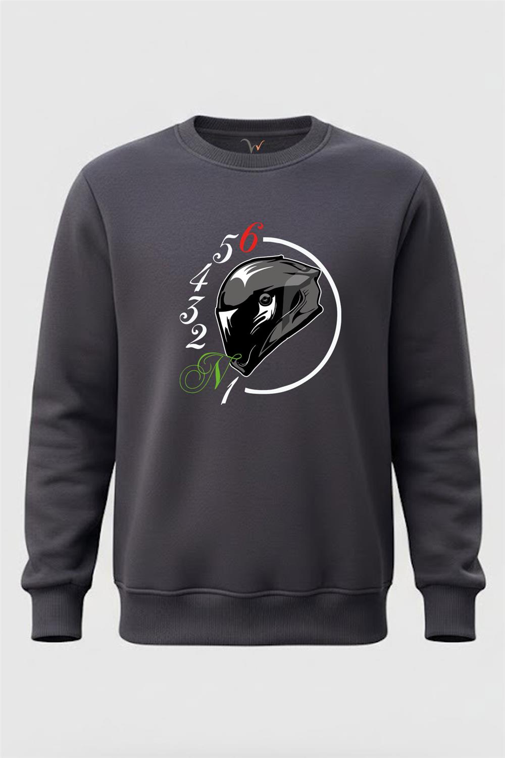 Motorsiklet Kask Ve Vites Geçişleri 1N23456 Baskılı Regular Fit 3 İp Şardonlu %100 Pamuk Sweatshirt - Füme