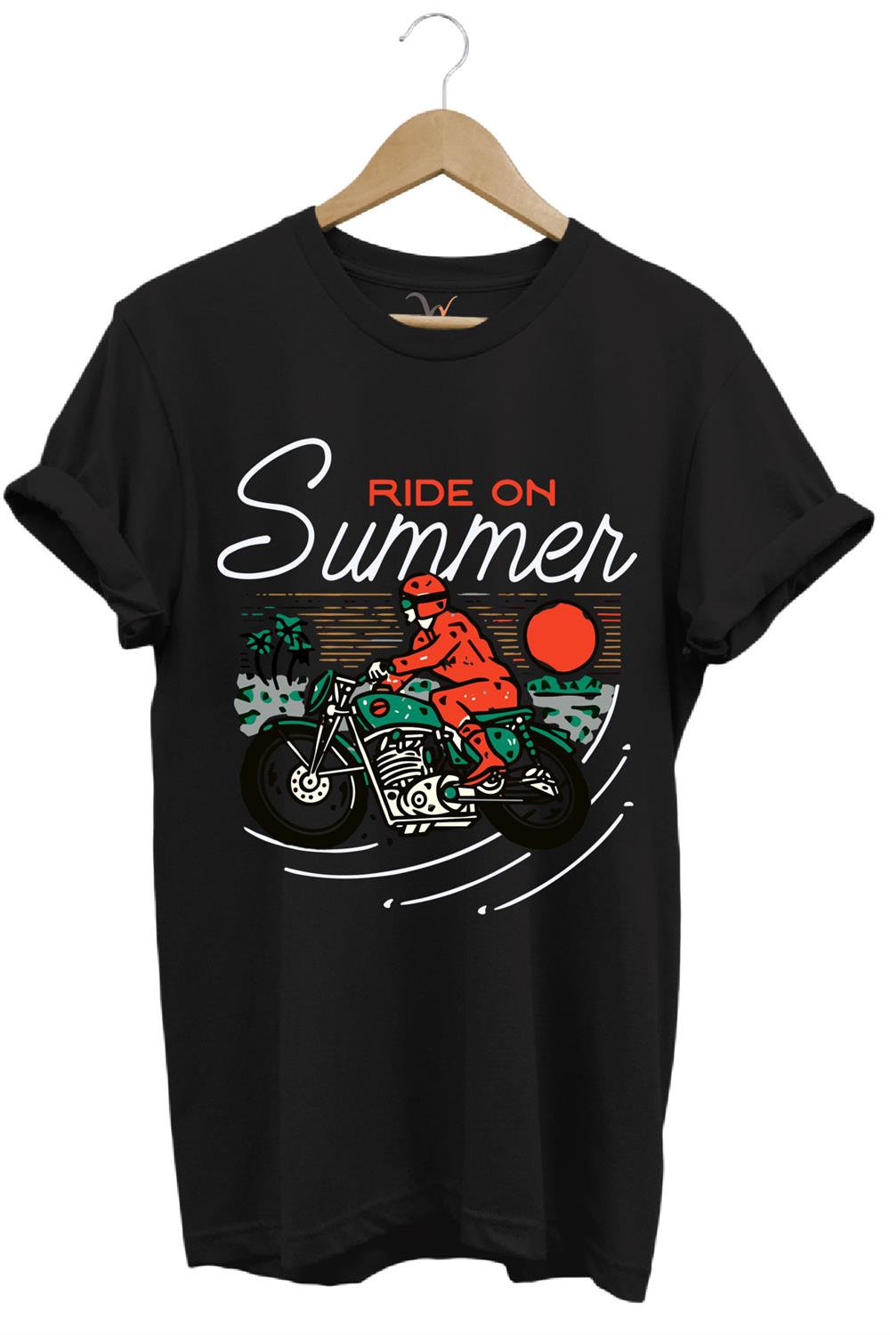 Motorsiklet Motorcu Özel Yaz Tasarımlı Ride On Summer Regular Fit %100 Pamuk T-Shirt - Siyah