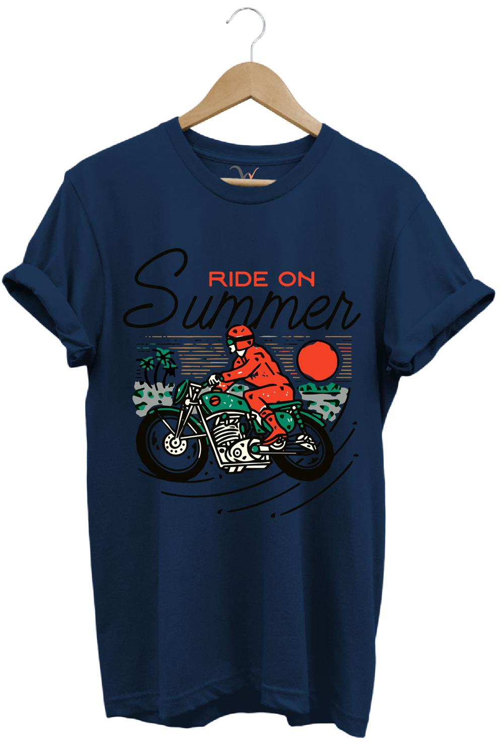 Motorsiklet Motorcu Özel Yaz Tasarımlı Ride On Summer Regular Fit %100 Pamuk T-Shirt - Lacivert