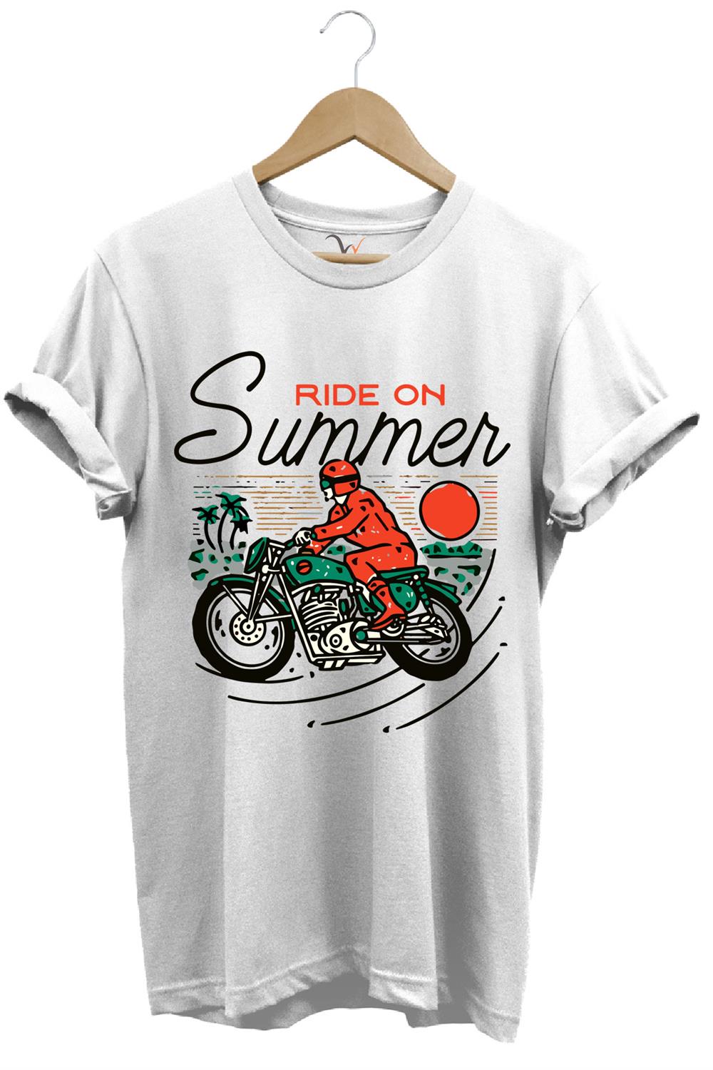 Motorsiklet Motorcu Özel Yaz Tasarımlı Ride On Summer Regular Fit %100 Pamuk T-Shirt - Beyaz