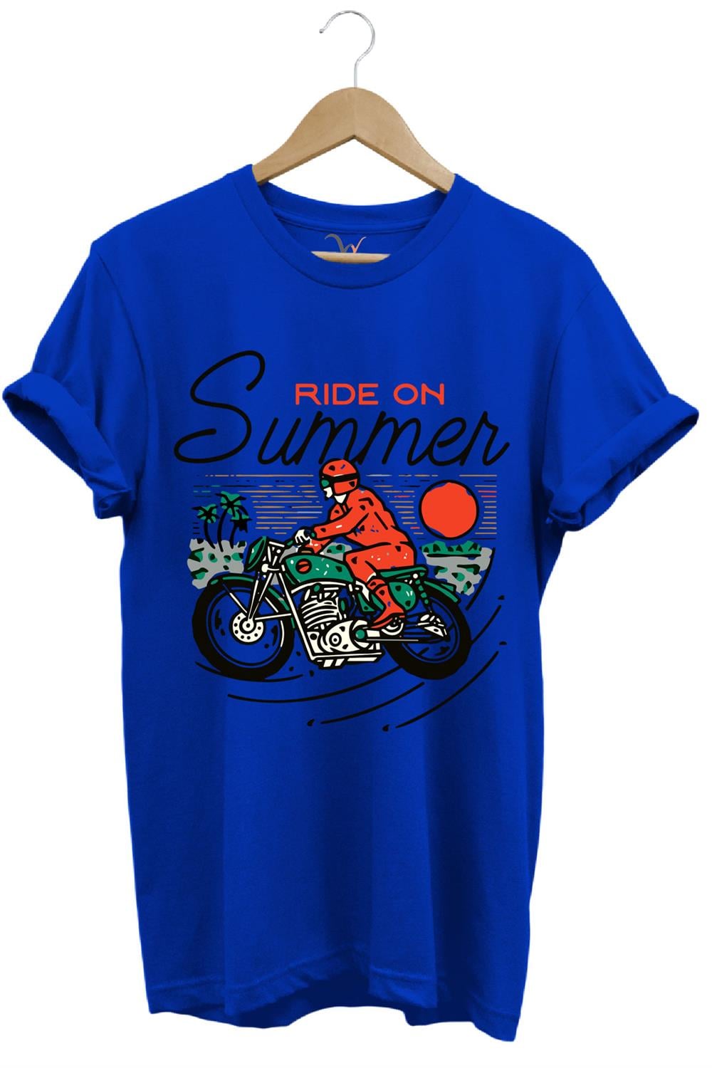 Motorsiklet Motorcu Özel Yaz Tasarımlı Ride On Summer Regular Fit %100 Pamuk T-Shirt - Mavi