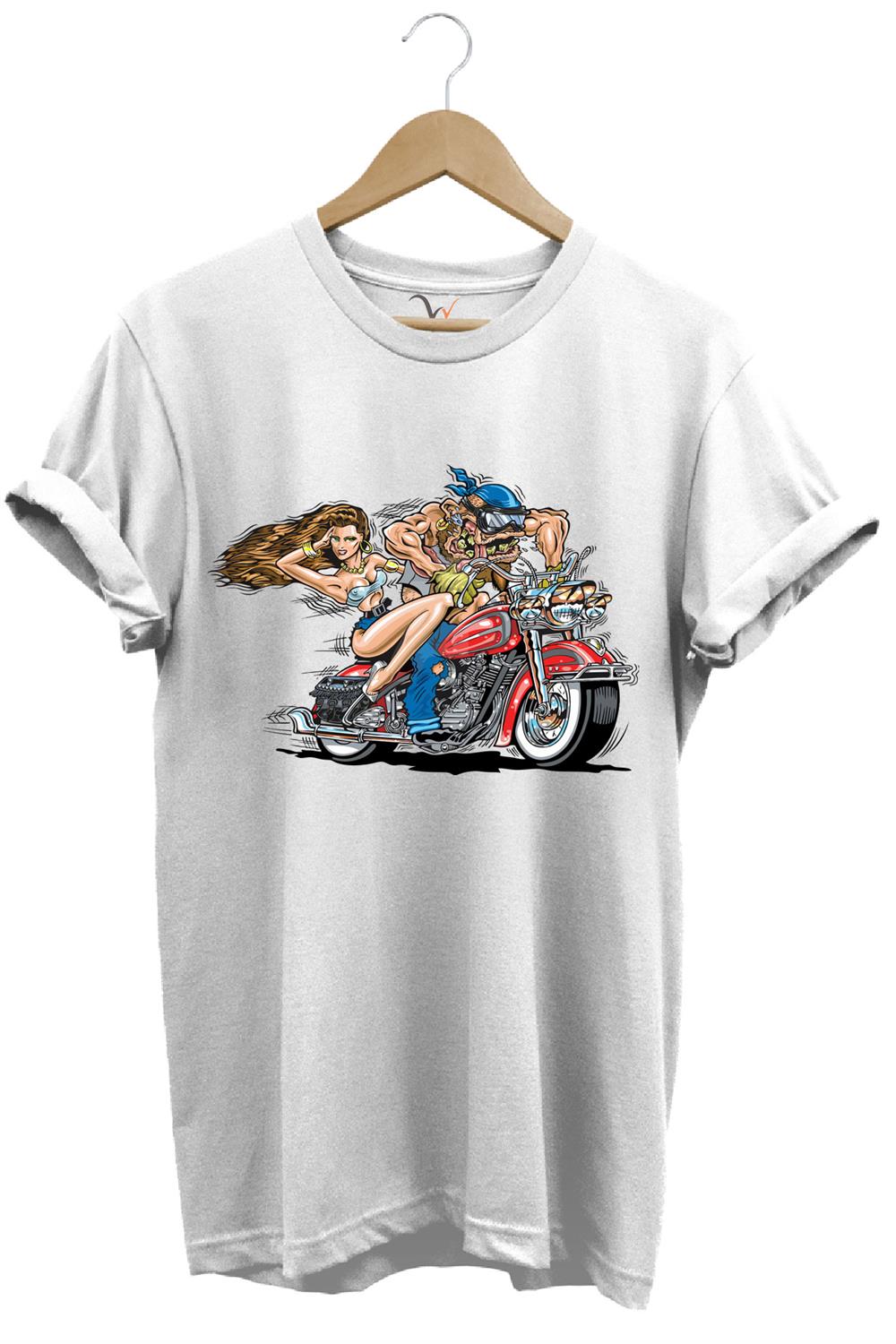 Motosiklet Motor Süren Adam Ve Kadın Baskılı %100 Pamuk Regular Fit T-Shirt - Beyaz