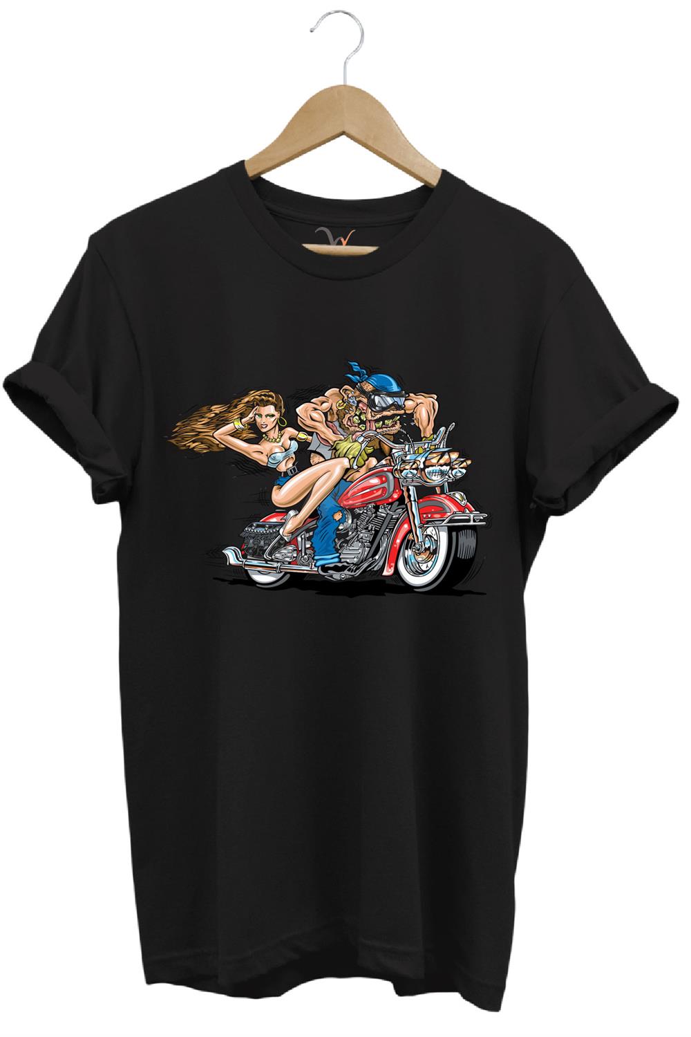 Motosiklet Motor Süren Adam Ve Kadın Baskılı %100 Pamuk Regular Fit T-Shirt - Siyah