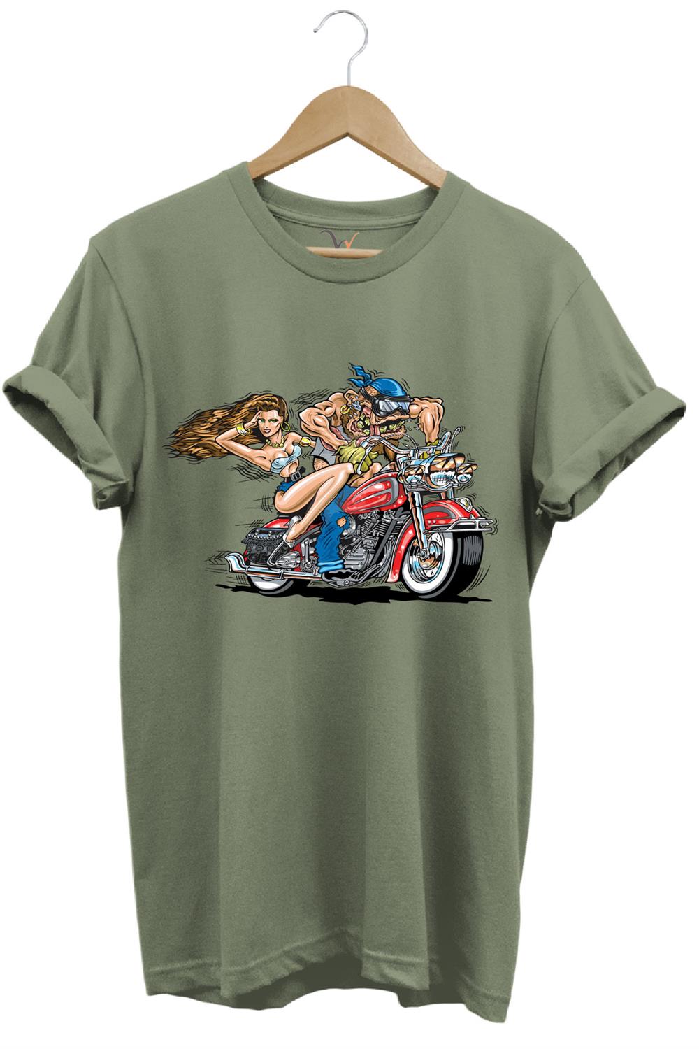 Motosiklet Motor Süren Adam Ve Kadın Baskılı %100 Pamuk Regular Fit T-Shirt - Haki