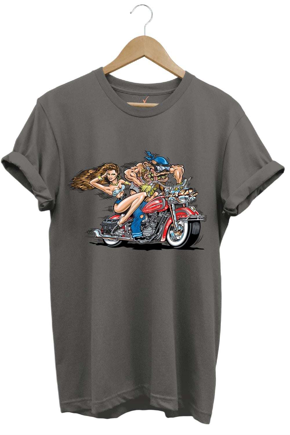 Motosiklet Motor Süren Adam Ve Kadın Baskılı %100 Pamuk Regular Fit T-Shirt - Antrasit