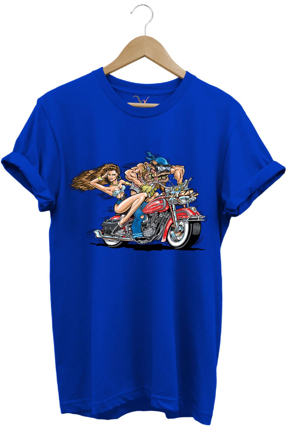 Motosiklet Motor Süren Adam Ve Kadın Baskılı %100 Pamuk Regular Fit T-Shirt - Mavi