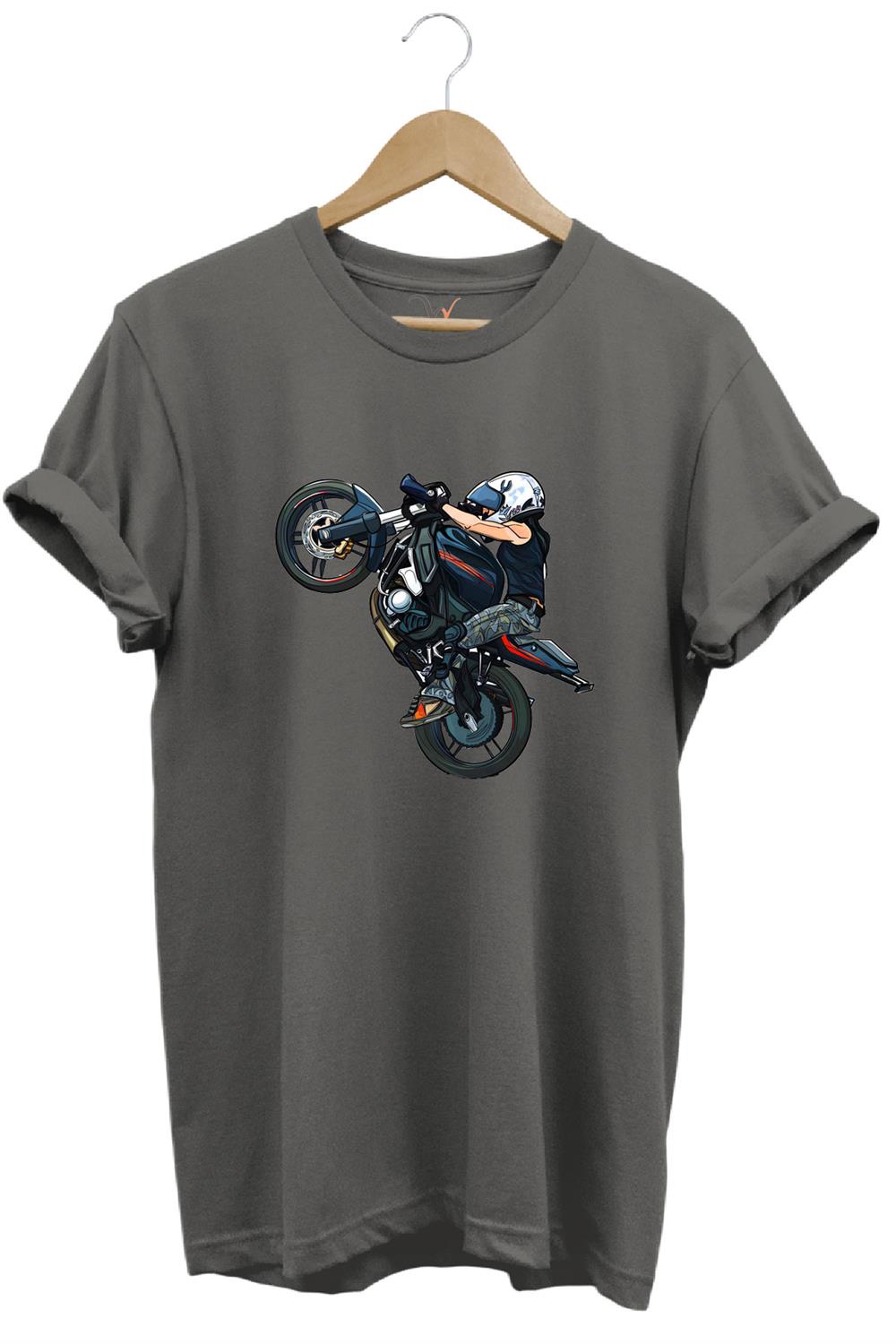 Motosiklet Racing Ön Kaldıran Motorcu Baskılı %100 Pamuk Regular Fit Bisiklet Yaka T-Shirt - Antrasit