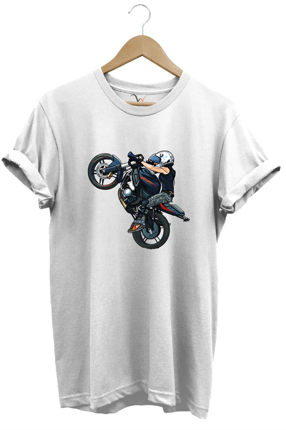 Motosiklet Racing Ön Kaldıran Motorcu Baskılı %100 Pamuk Regular Fit Bisiklet Yaka T-Shirt - Beyaz