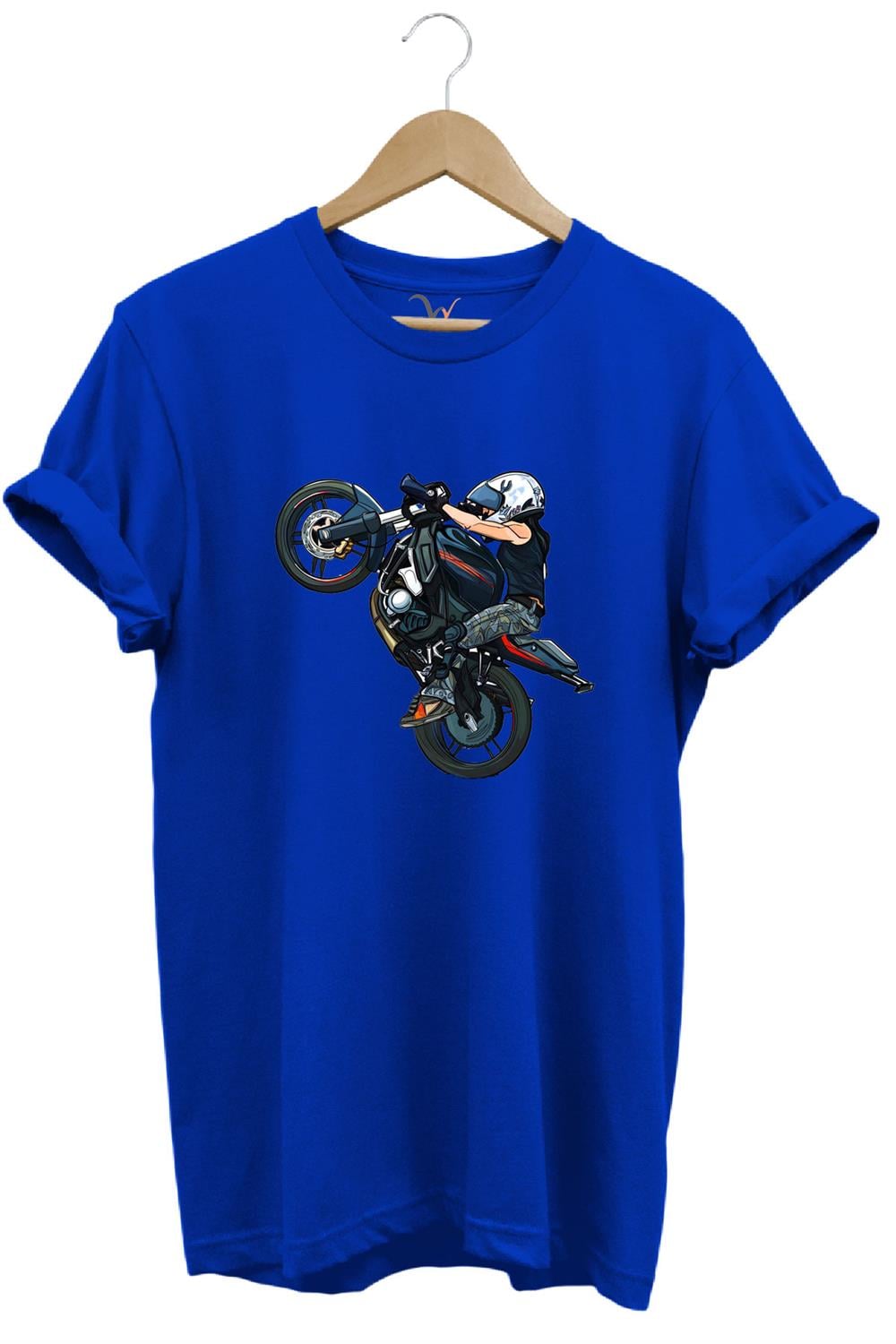 Motosiklet Racing Ön Kaldıran Motorcu Baskılı %100 Pamuk Regular Fit Bisiklet Yaka T-Shirt - Mavi