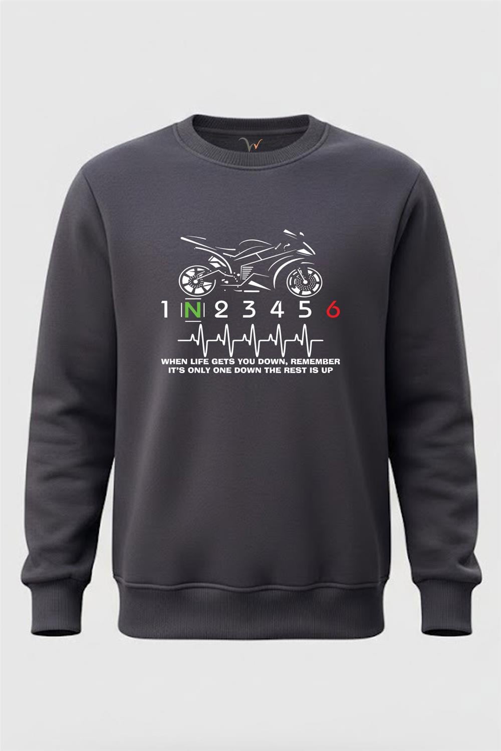 Motosiklet Vites Geçişleri Hearth Beat Pulse Baskılı Regular Fit 3İp Şardonlu %100 Pamuk Sweatshirt - Füme