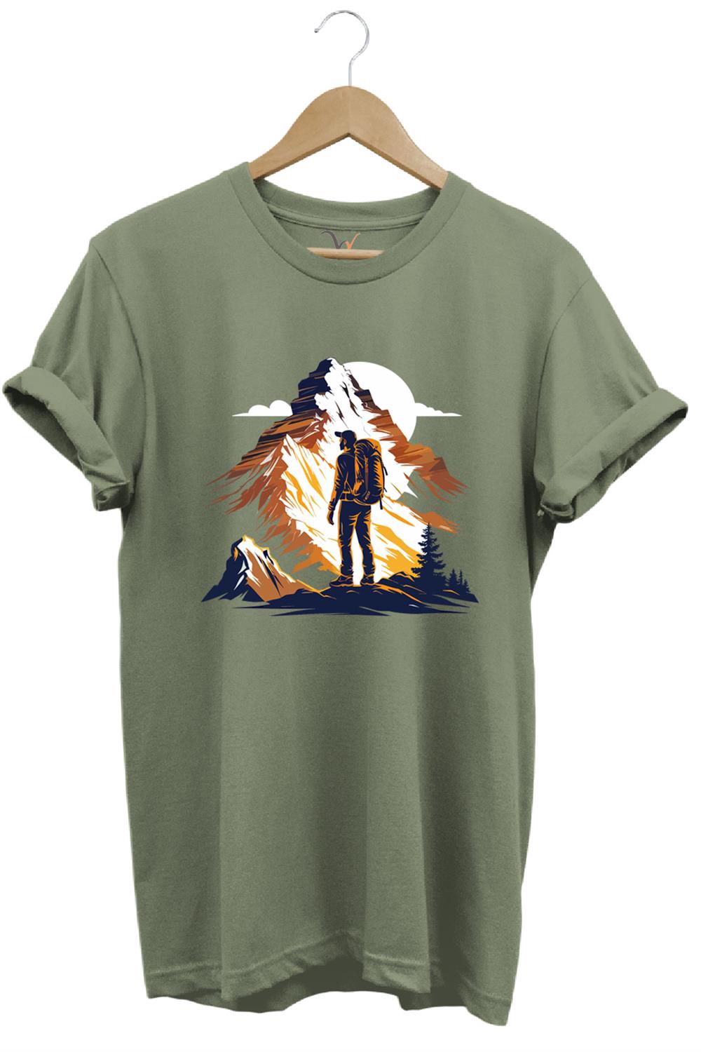 Mountain Dağ Yürüyüşü Ve Kar Manzara Baskılı %100 Pamuk Unisex Regular Fit T-Shirt - Haki