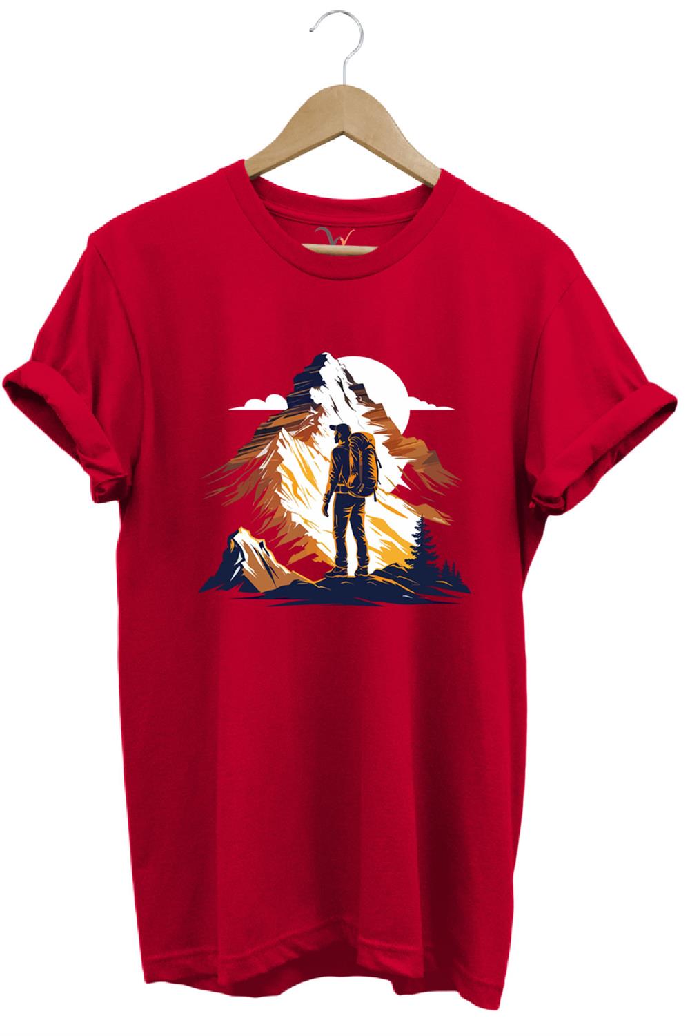 Mountain Dağ Yürüyüşü Ve Kar Manzara Baskılı %100 Pamuk Unisex Regular Fit T-Shirt - Kırmızı