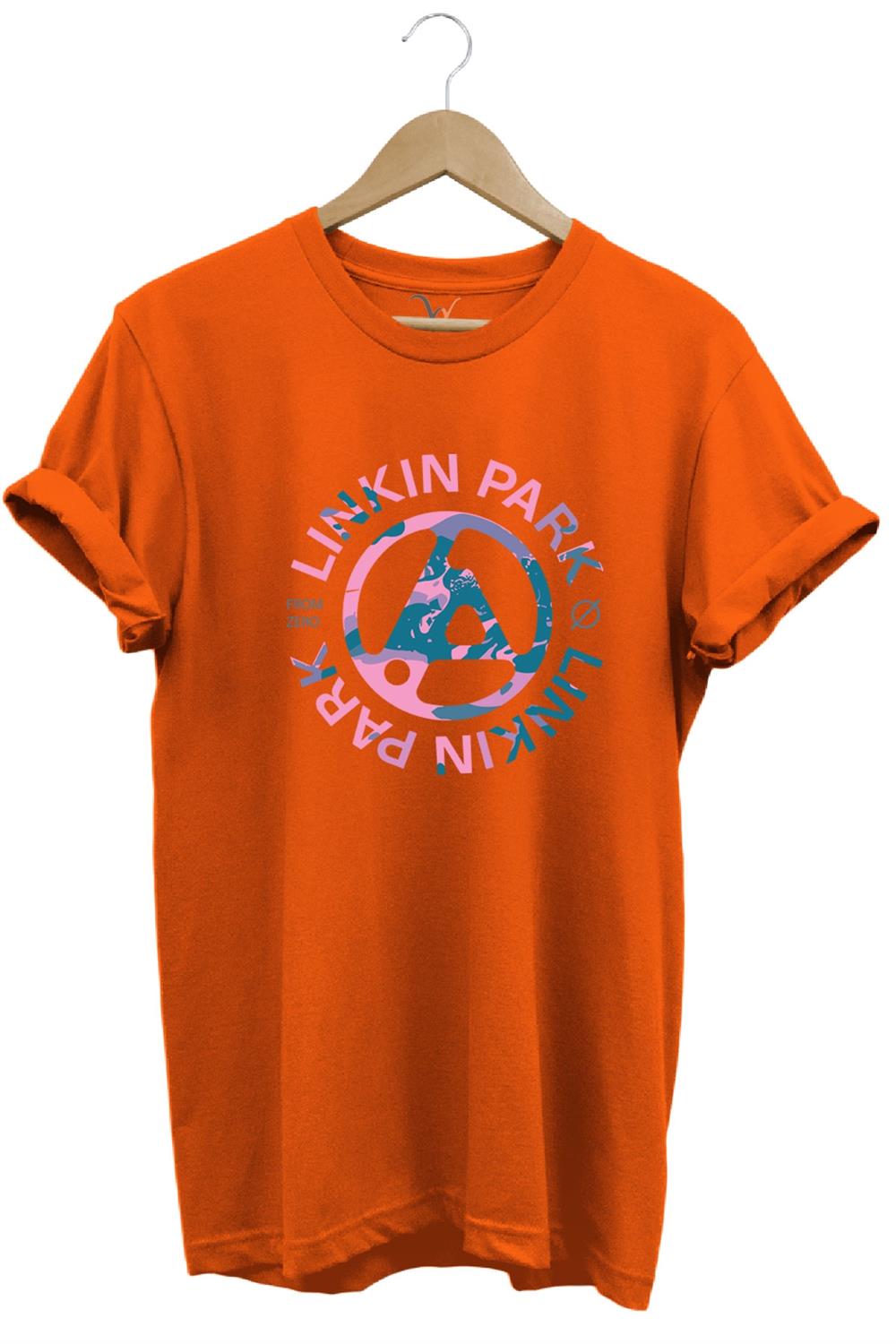 Müzik Grubu Rock Metal Baskılı Linkin Park Cool %100 Pamuk Bisiklet Yaka T-Shirt - Turuncu