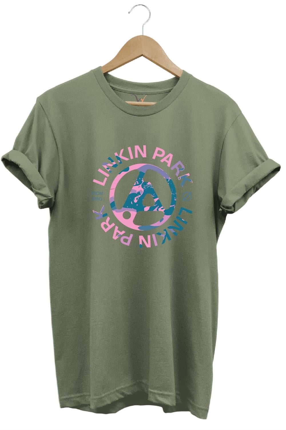 Müzik Grubu Rock Metal Baskılı Linkin Park Cool %100 Pamuk Bisiklet Yaka T-Shirt - Haki