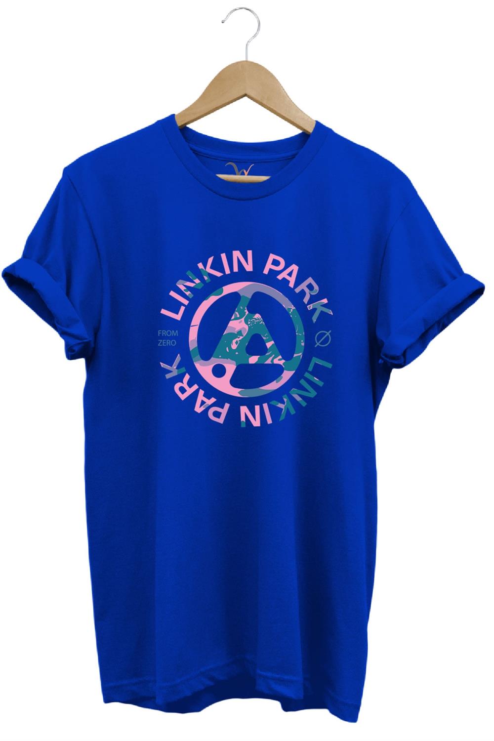 Müzik Grubu Rock Metal Baskılı Linkin Park Cool %100 Pamuk Bisiklet Yaka T-Shirt - Mavi