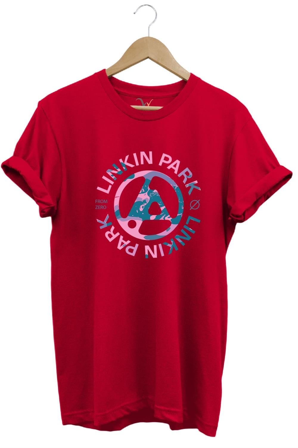 Müzik Grubu Rock Metal Baskılı Linkin Park Cool %100 Pamuk Bisiklet Yaka T-Shirt - Kırmızı