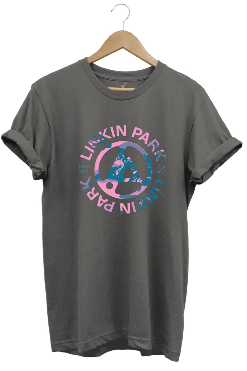 Müzik Grubu Rock Metal Baskılı Linkin Park Cool %100 Pamuk Bisiklet Yaka T-Shirt - Antrasit