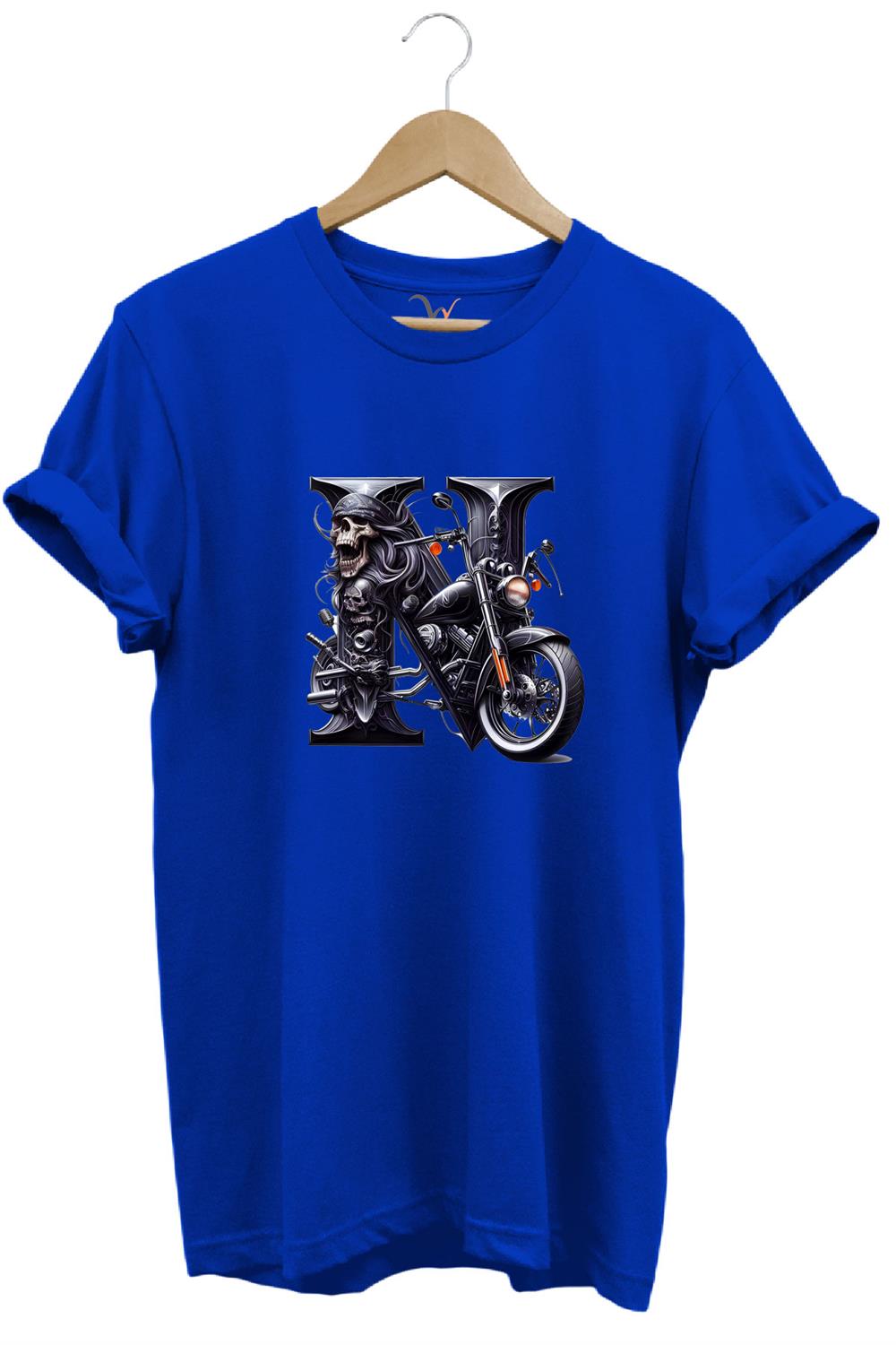 N Harfi Baskılı Motosiklet Kuru Kafa %100 Pamuk Regular Fit Bisiklet Yaka T-Shirt - Mavi