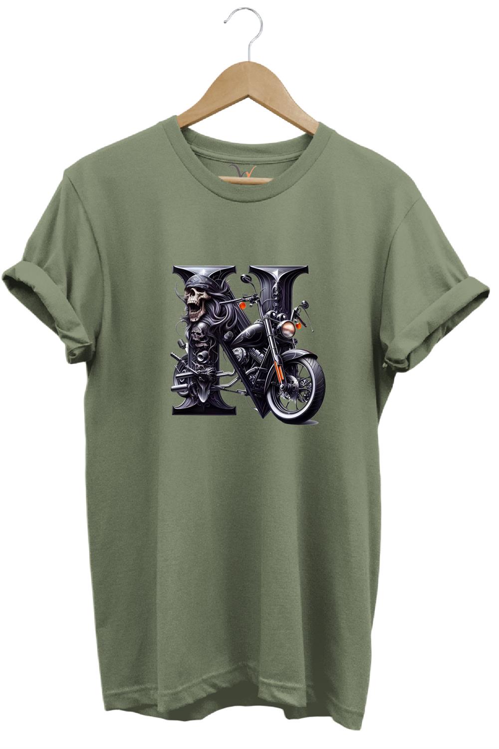 N Harfi Baskılı Motosiklet Kuru Kafa %100 Pamuk Regular Fit Bisiklet Yaka T-Shirt - Haki