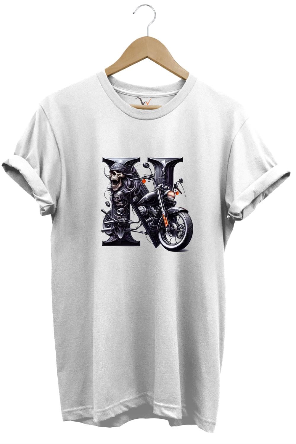 N Harfi Baskılı Motosiklet Kuru Kafa %100 Pamuk Regular Fit Bisiklet Yaka T-Shirt - Beyaz