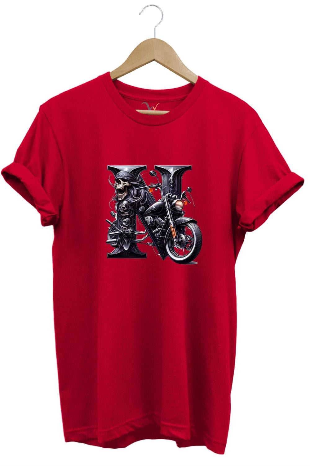 N Harfi Baskılı Motosiklet Kuru Kafa %100 Pamuk Regular Fit Bisiklet Yaka T-Shirt - Kırmızı