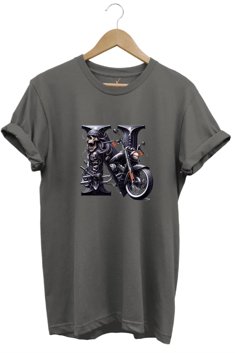 N Harfi Baskılı Motosiklet Kuru Kafa %100 Pamuk Regular Fit Bisiklet Yaka T-Shirt - Antrasit