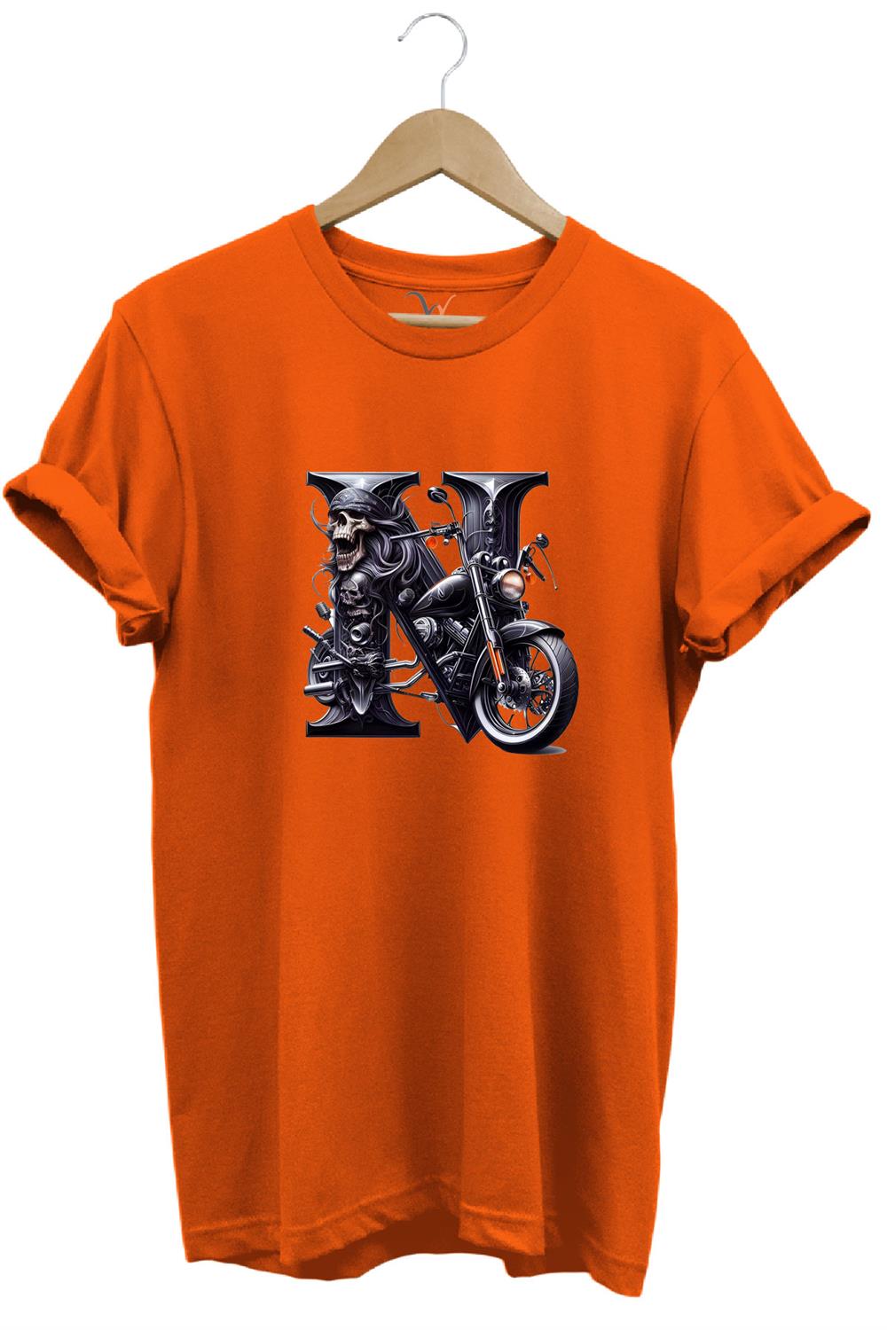 N Harfi Baskılı Motosiklet Kuru Kafa %100 Pamuk Regular Fit Bisiklet Yaka T-Shirt - Turuncu