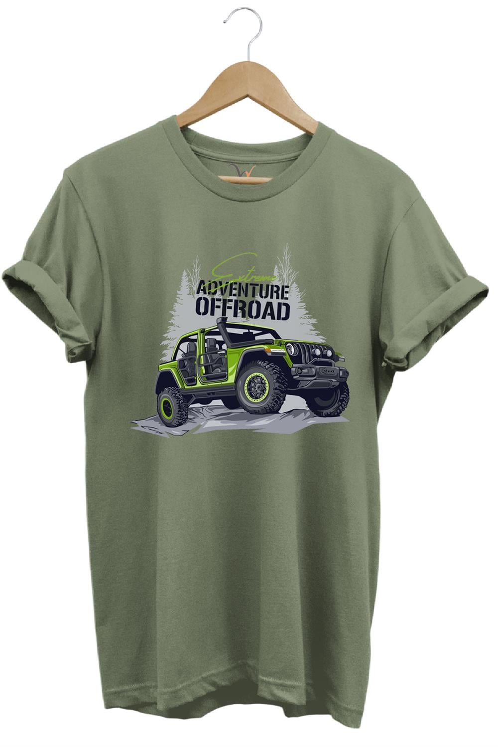 Offroad 4X4 Dağ Arabası Orman Tema Baskısı Regular Fit %100 Pamuk T-Shirt - Haki