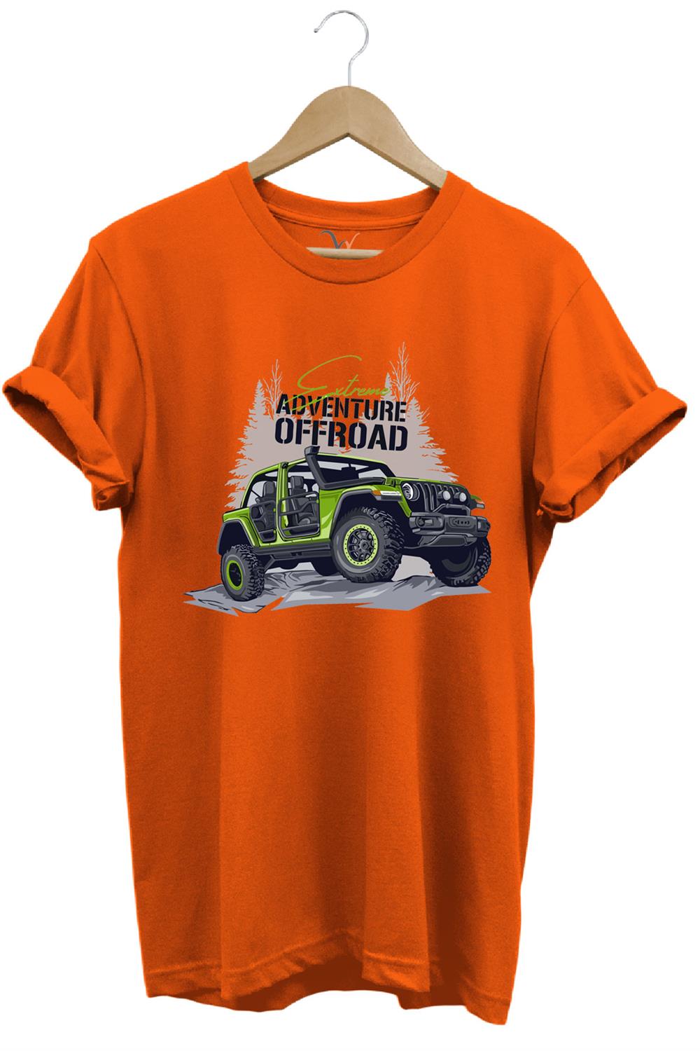 Offroad 4X4 Dağ Arabası Orman Tema Baskısı Regular Fit %100 Pamuk T-Shirt - Turuncu