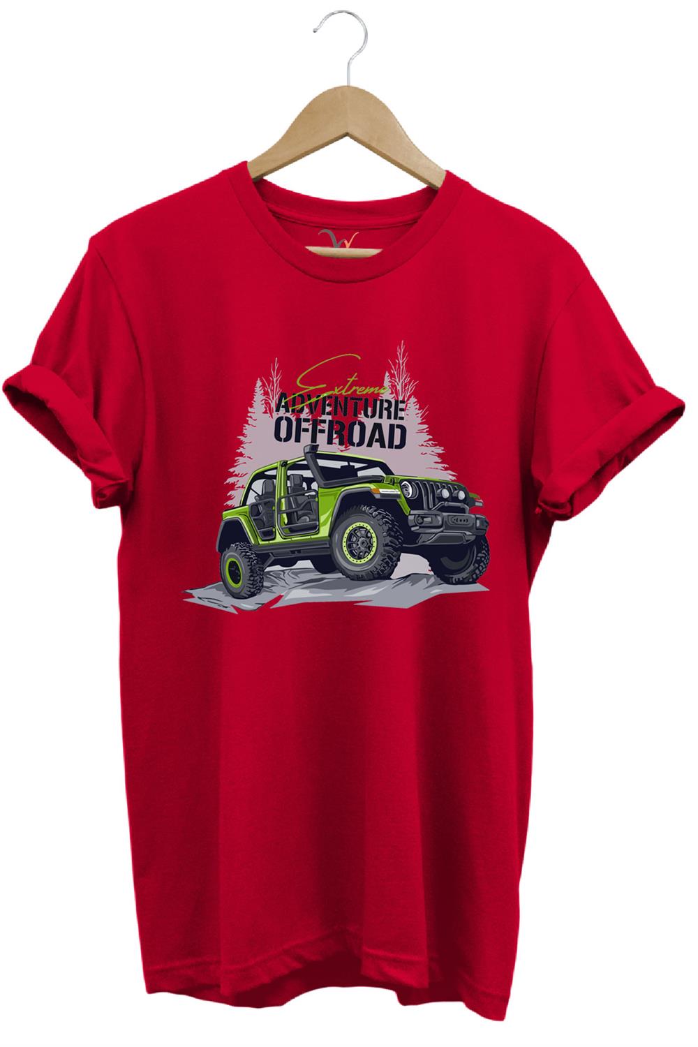 Offroad 4X4 Dağ Arabası Orman Tema Baskısı Regular Fit %100 Pamuk T-Shirt - Kırmızı