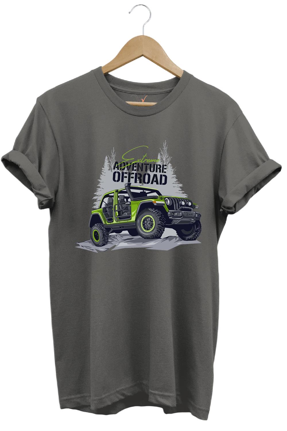 Offroad 4X4 Dağ Arabası Orman Tema Baskısı Regular Fit %100 Pamuk T-Shirt - Antrasit