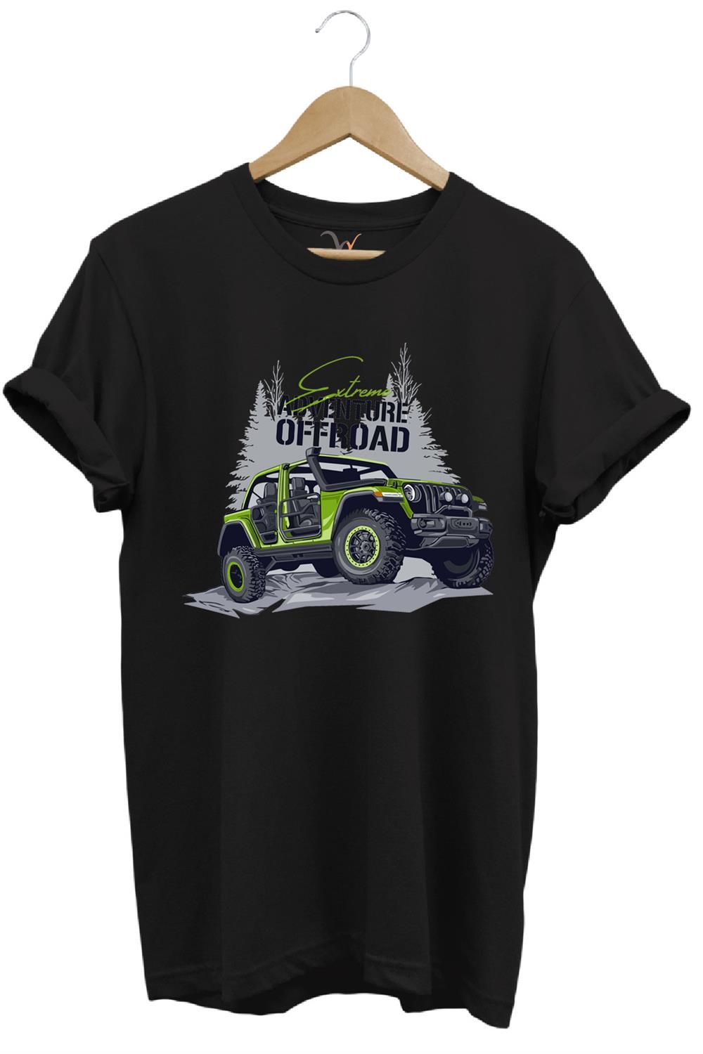 Offroad 4X4 Dağ Arabası Orman Tema Baskısı Regular Fit %100 Pamuk T-Shirt - Siyah