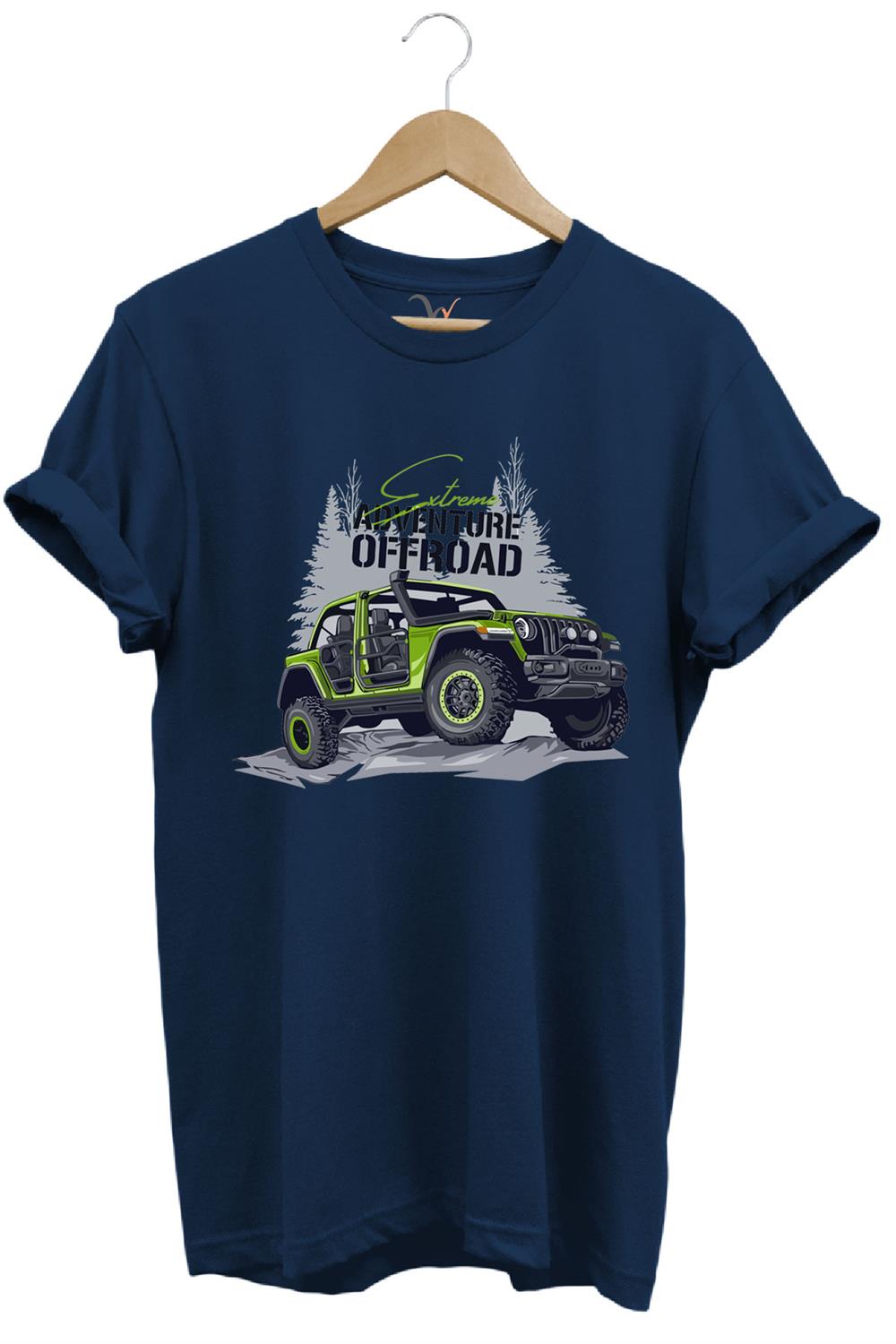 Offroad 4X4 Dağ Arabası Orman Tema Baskısı Regular Fit %100 Pamuk T-Shirt - Lacivert