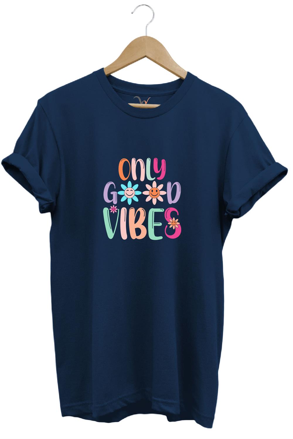 Only Good Vibes Baskılı Papatya Desenli Renkli %100 Pamuk Regular Fit Bisiklet Yaka T-Shirt - Lacivert