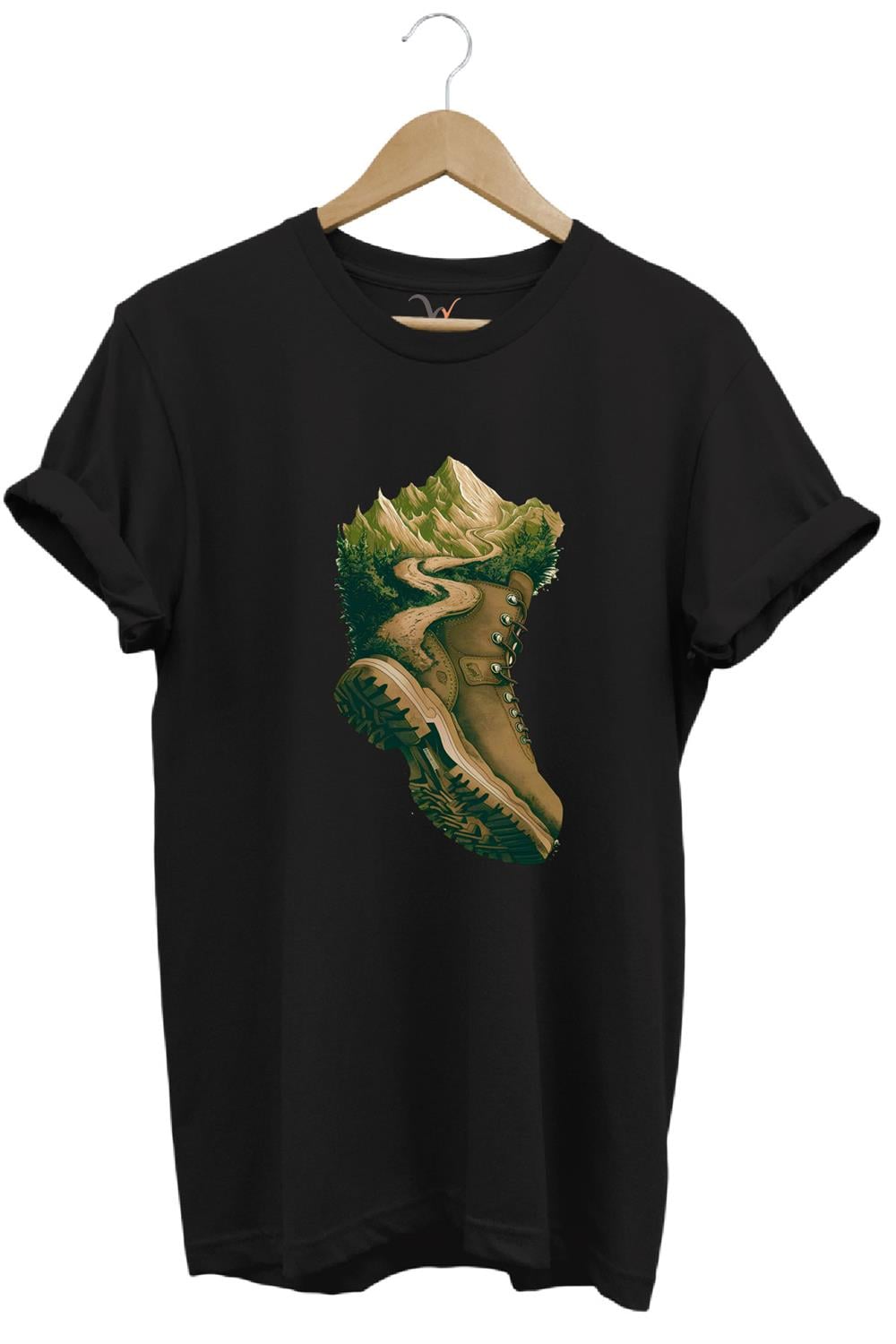 Outdoor Bot Ve Dağ Patika Yol Kamp Gezgin Baskılı %100 Pamuk Regular Fit Bisiklet Yaka T-Shirt - Siyah