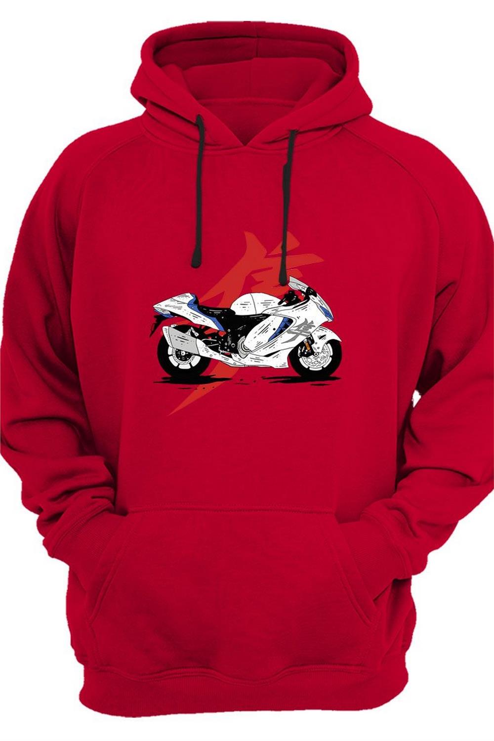 Racing Motorsiklet Japon Motoru Ve Yazı Baskılı Şık 3 Iplik Kalın Şardonlu Kanguru Cepli Sweatshirt - Kırmızı