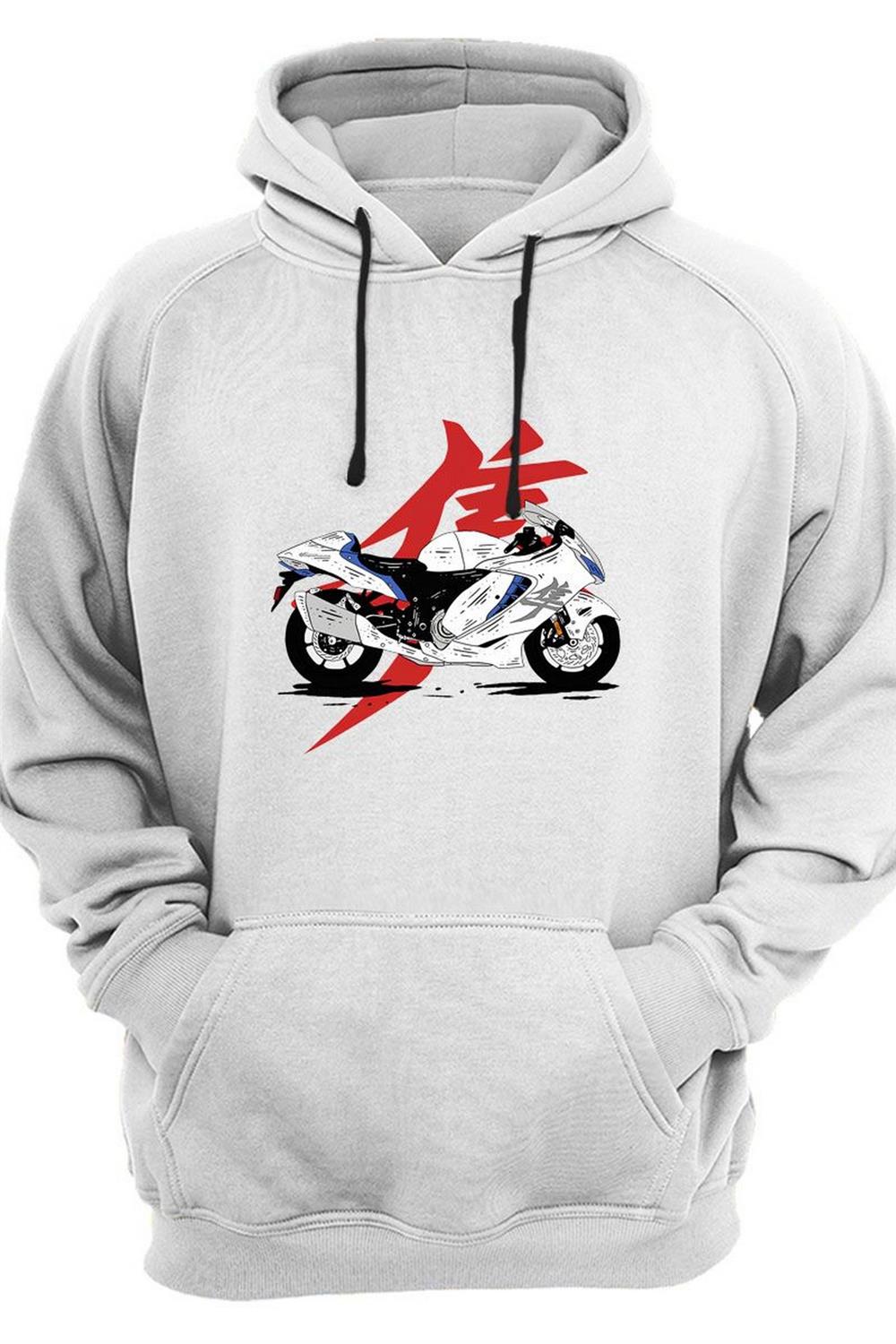 Racing Motorsiklet Japon Motoru Ve Yazı Baskılı Şık 3 Iplik Kalın Şardonlu Kanguru Cepli Sweatshirt - Beyaz
