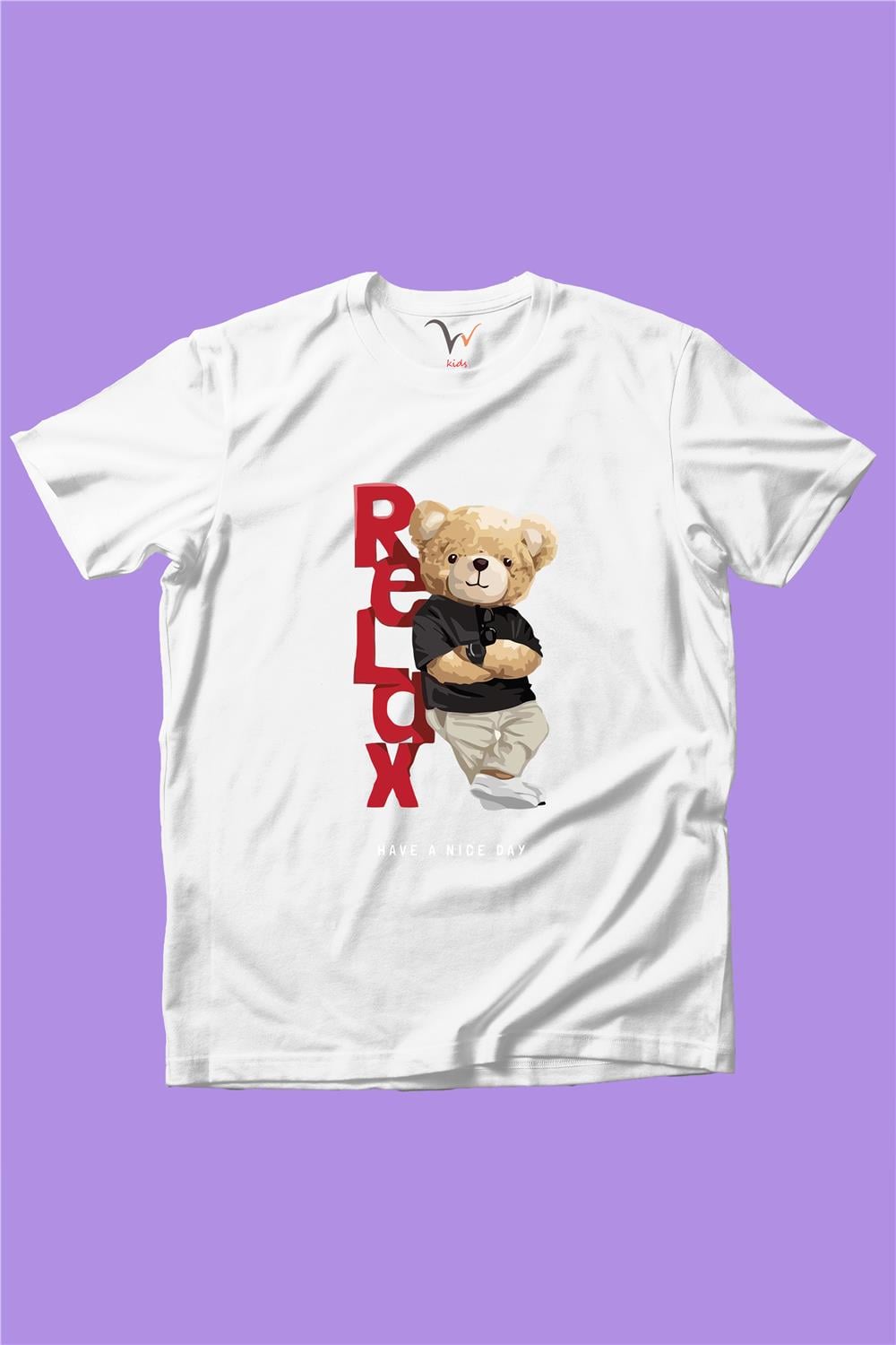 Relax Ayı Tedy Sevimli Cool Ayıcık Baskılı %100 Pamuk Erkek Çocuk Kız Çocuk T-Shirt - Beyaz