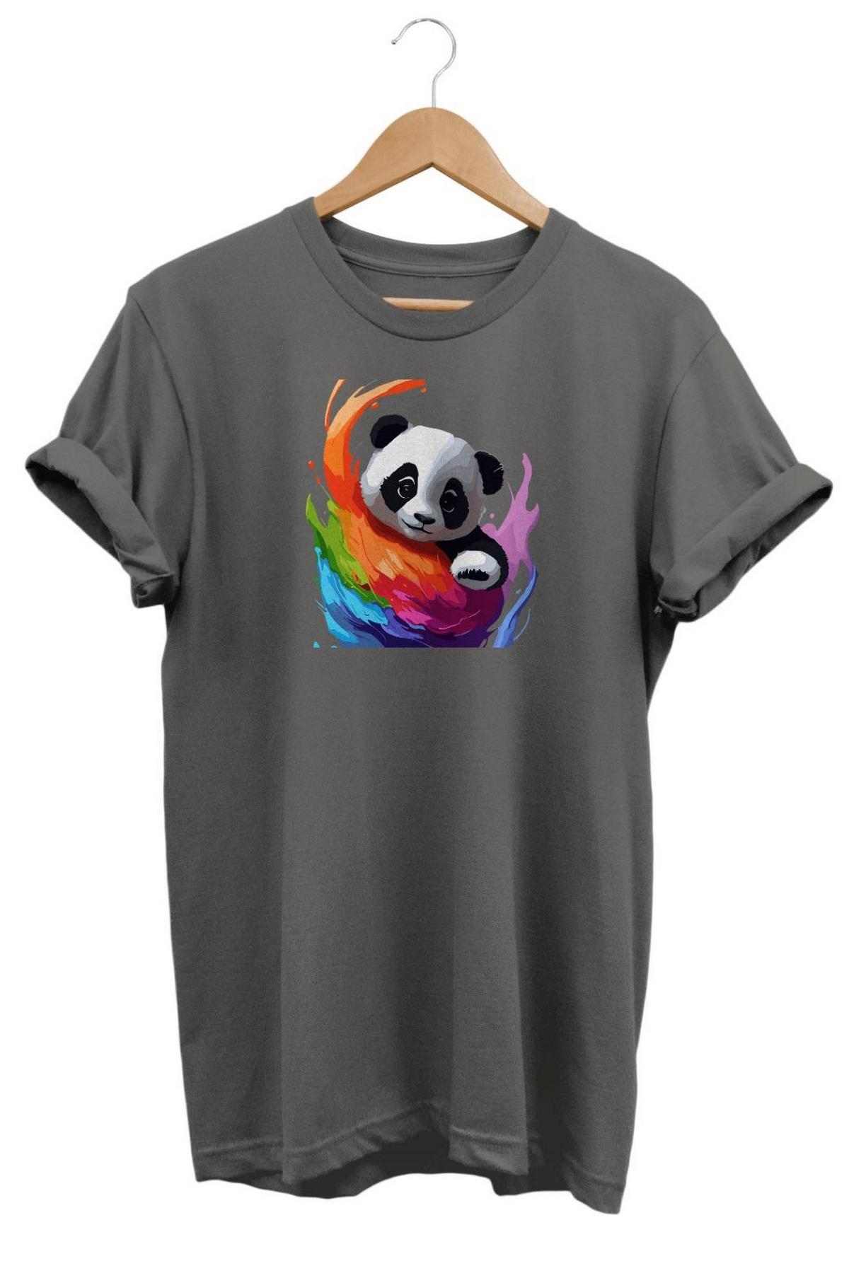 Relax Renkli Panda Baskılı T-Shirt Gri