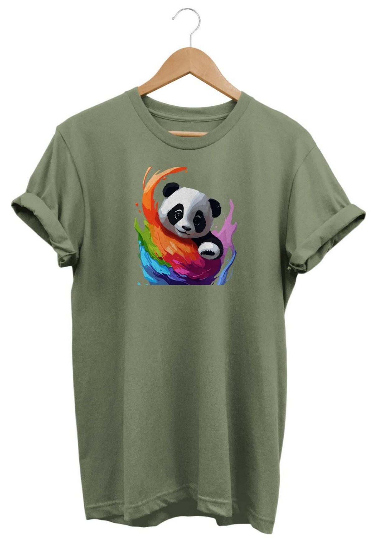Relax Renkli Panda Baskılı T-Shirt Haki