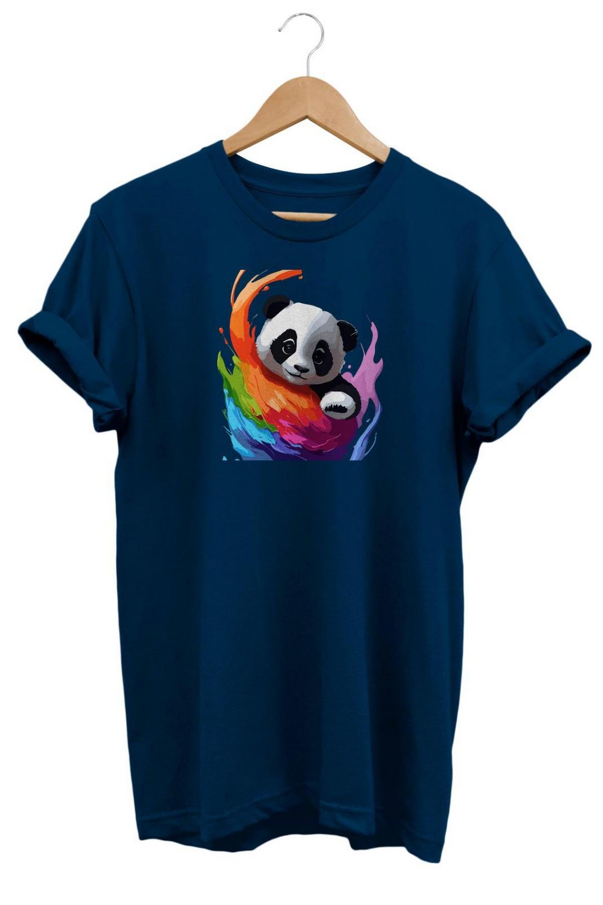 Relax Renkli Panda Baskılı T-Shirt Lacivert